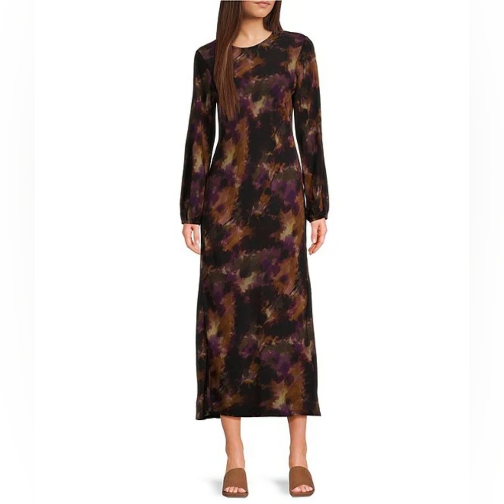Cloth & StoneWoven Abstract Print Crew Neck Long Sleeve A-Line Hi Low Midi Dres